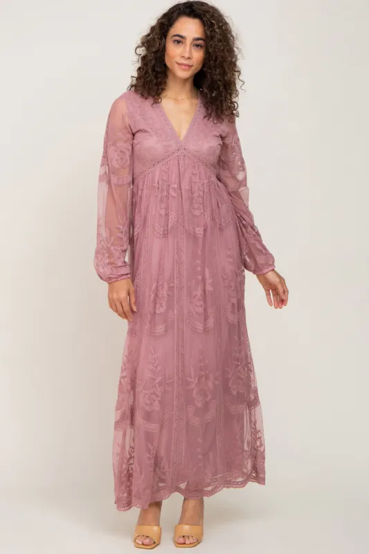 PinkBlush Mauve Lace Mesh Overlay Long Sleeve Maxi Dress sold by Pinkblush