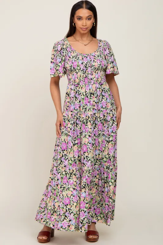 Black Floral Smocked Ruffle Tier Maxi Dress sold by Pinkblush