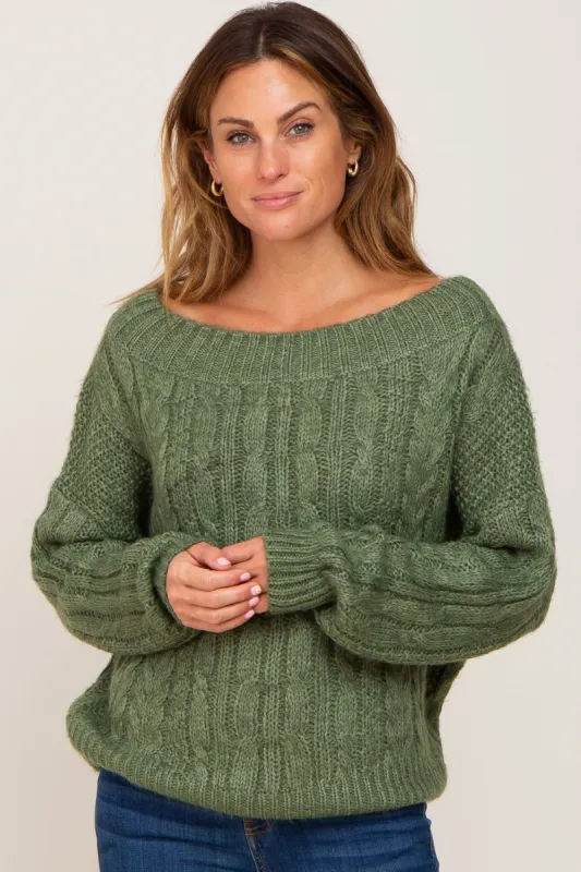 Olive Boat Neck Cable Knit Sweater sold by Pinkblush