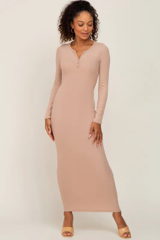 Taupe Ribbed Long Sleeve Maxi Dress sold by Pinkblush
