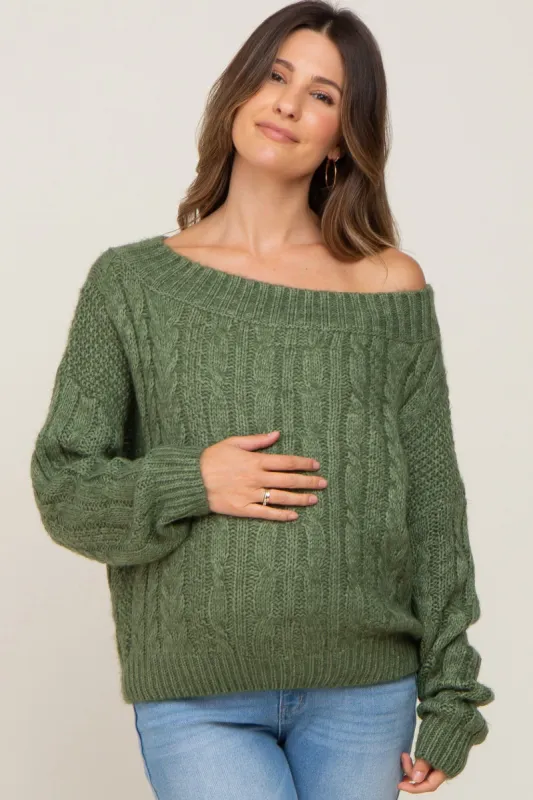 Olive Boat Neck Cable Knit Maternity Sweater sold by Pinkblush