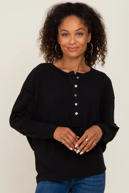 Black Ribbed Dolman Sleeve Henley Top sold by Pinkblush