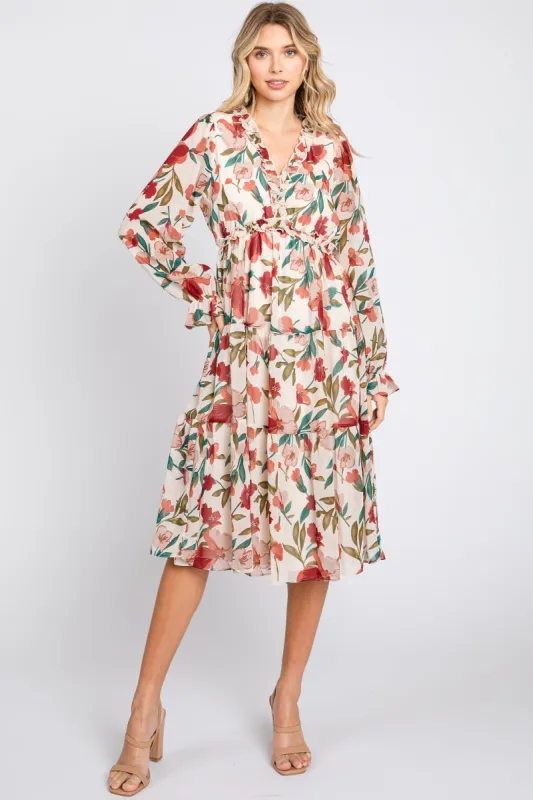 Ivory Floral Ruffle V-Neck Dress sold by Pinkblush