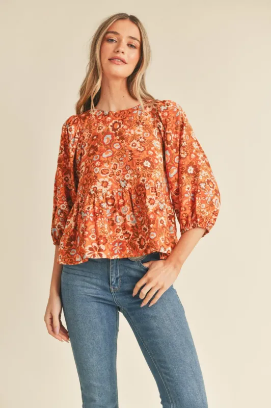 Orange Floral Print Babydoll Top sold by Pinkblush