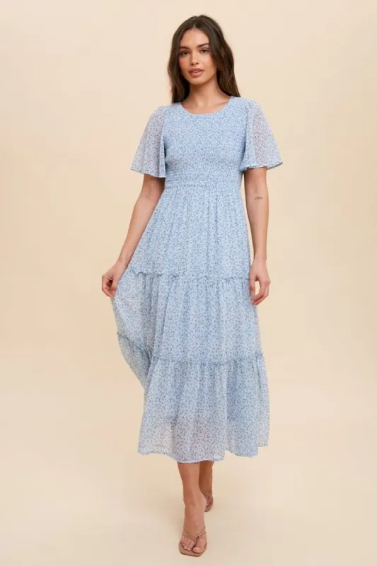 Blue Smocked Floral Chiffon Midi Dress sold by Pinkblush
