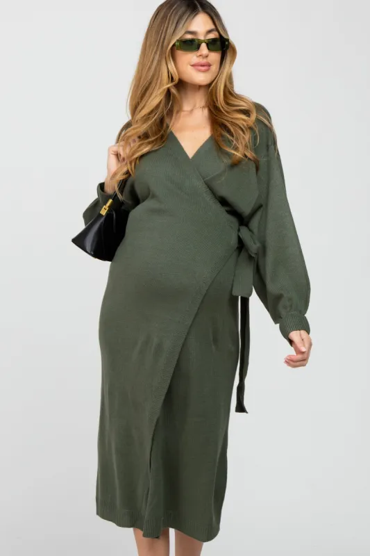 Olive Wrap Sweater Knit Maternity Midi Dress sold by Pinkblush