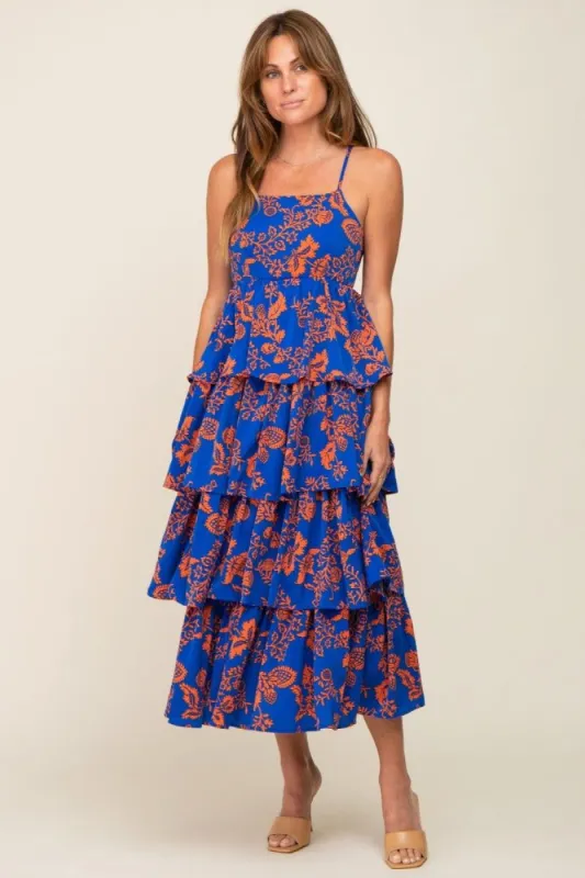 Royal Blue Floral Ruffle Tiered Maxi Dress sold by Pinkblush