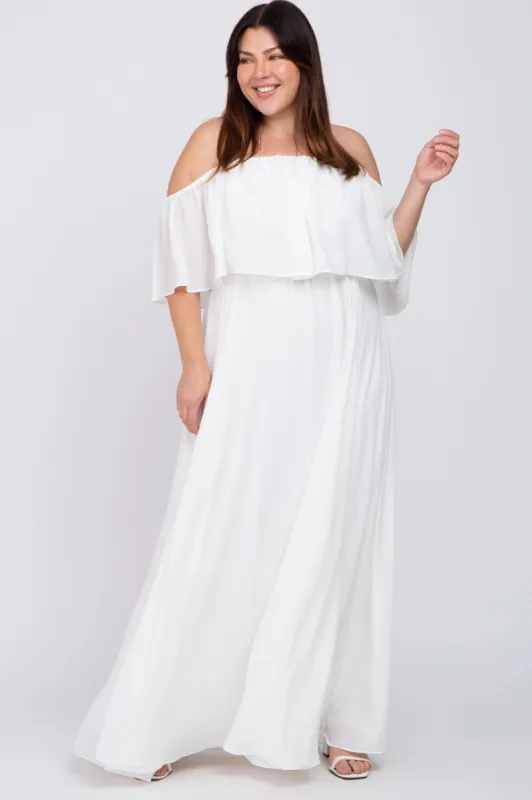 White Chiffon Off Shoulder Plus Gown sold by Pinkblush