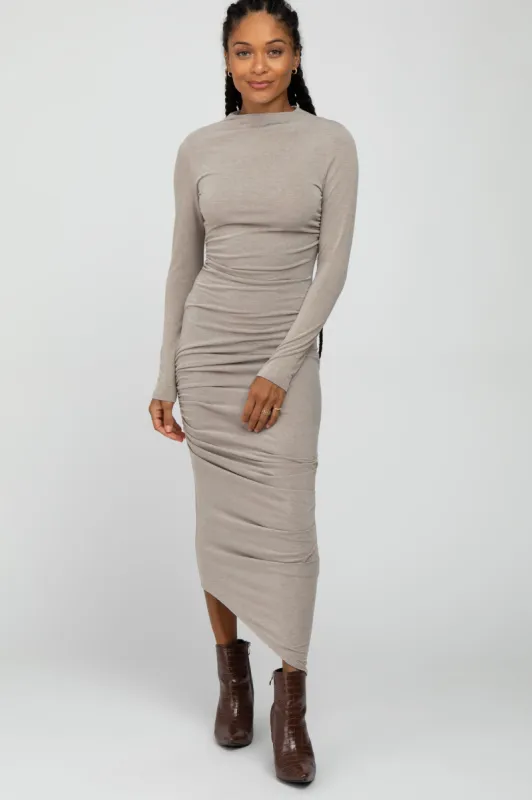 Mocha Ruched Side Mock Neck Fitted Midi Dress sold by Pinkblush