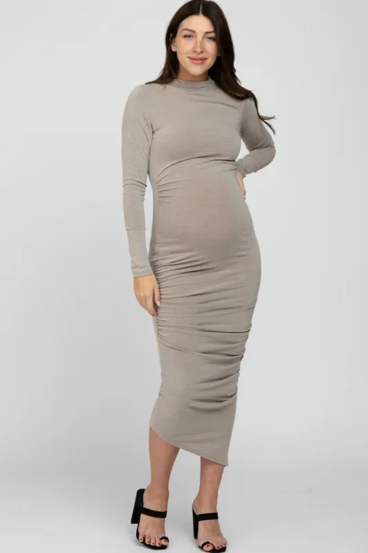 Mocha Ruched Side Mock Neck Fitted Maternity Midi Dress sold by Pinkblush