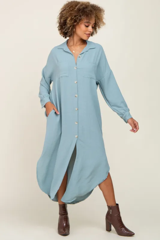Sage Button Down Front Pocket Midi Dress sold by Pinkblush