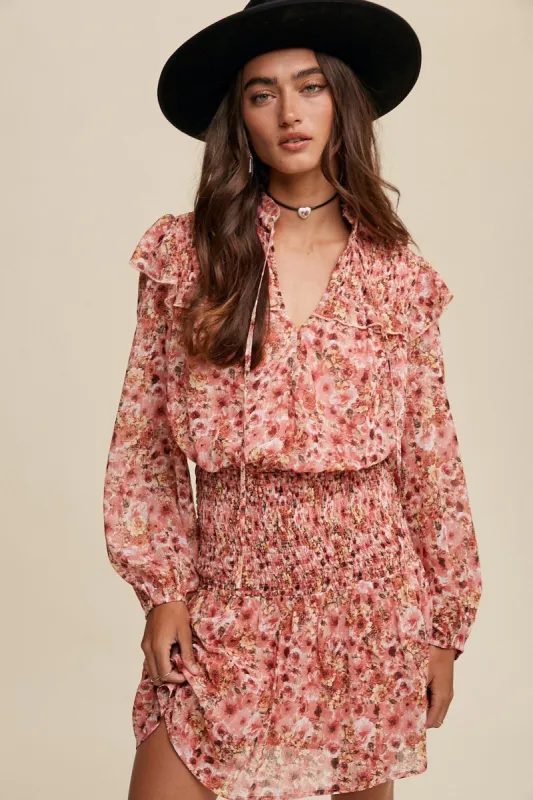Rose Floral Print Ruffle Smocked Dress sold by Pinkblush