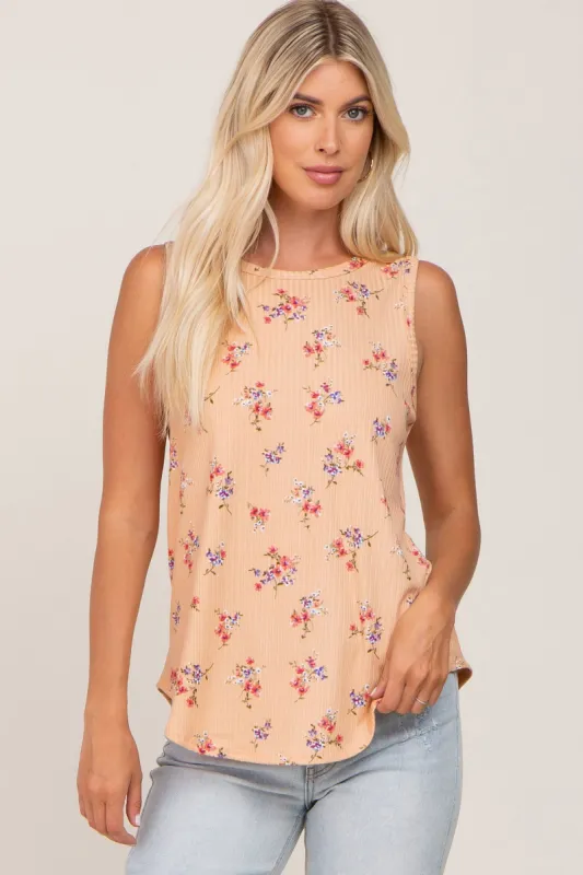 Peach Floral Ribbed Sleeveless Top sold by Pinkblush