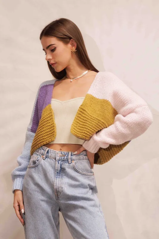 Blue Pink Color Blocked Cropped Sweater Cardigan sold by Pinkblush
