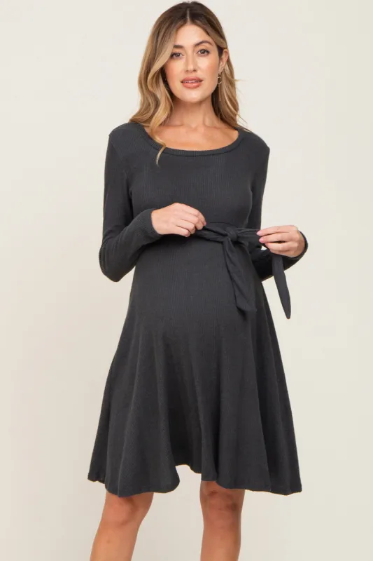Charcoal Soft Rib Knit Sash Tie Maternity Dress sold by Pinkblush