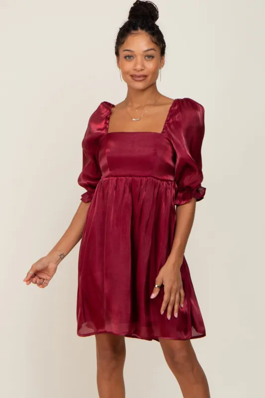 Burgundy Satin Shimmer Puff Sleeve Dress sold by Pinkblush