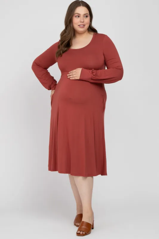 Rust Bubble Sleeve Maternity Plus Midi Dress sold by Pinkblush