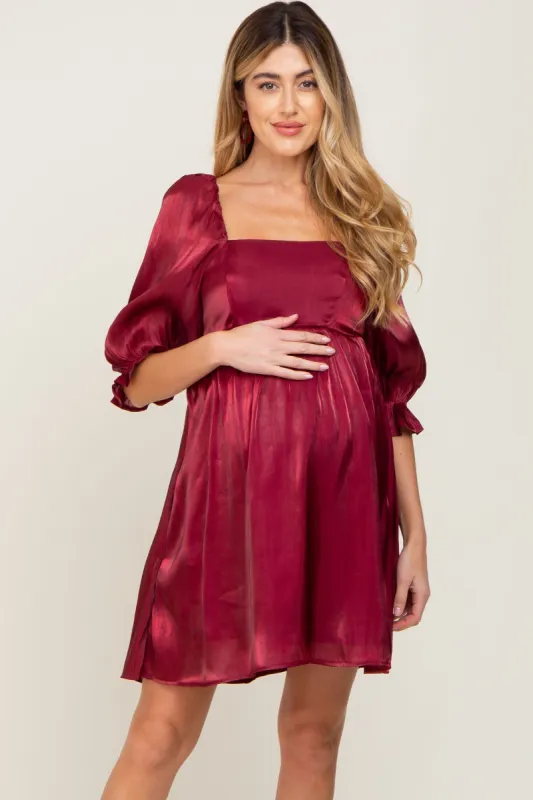 Burgundy Satin Shimmer Puff Sleeve Maternity Dress sold by Pinkblush