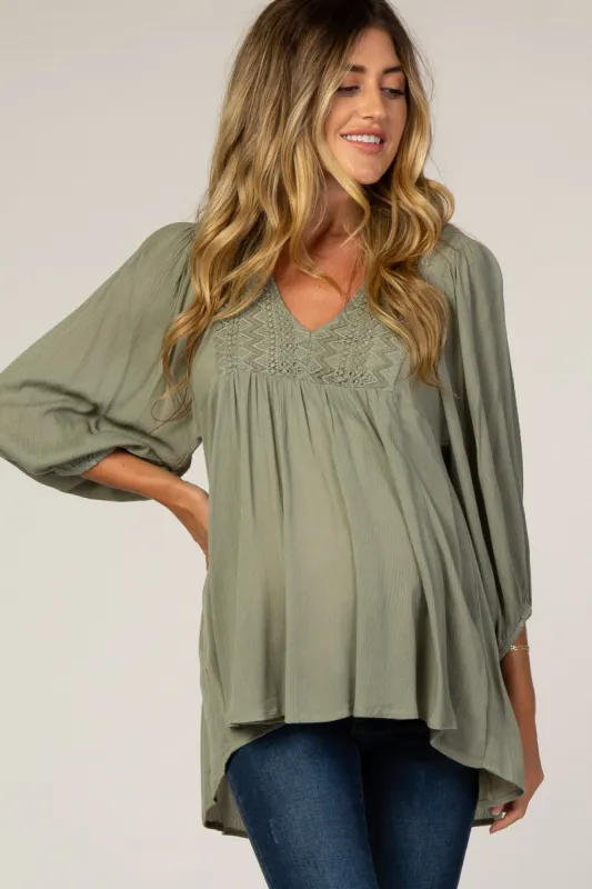 Olive Crochet Accent Boho Maternity Blouse sold by Pinkblush