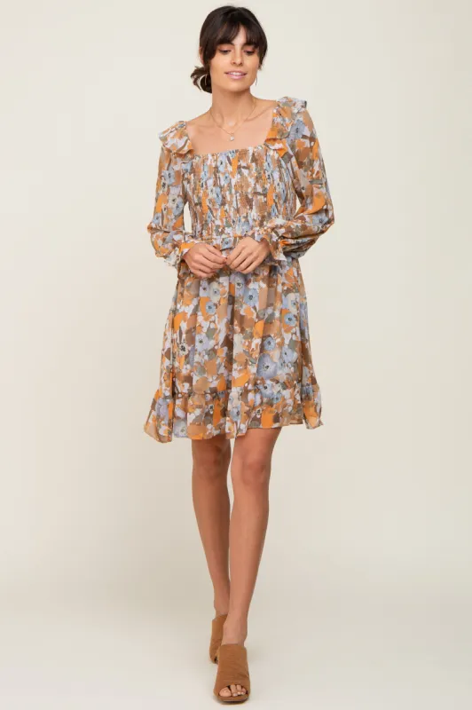 Taupe Floral Chiffon Ruffle Dress sold by Pinkblush