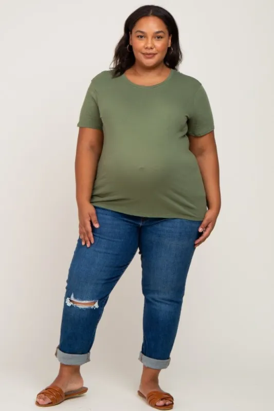 Olive Solid Short Sleeve Plus Maternity Top sold by Pinkblush