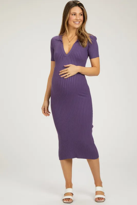 Purple Ribbed Collared V-Neck Maternity Midi Dress sold by Pinkblush