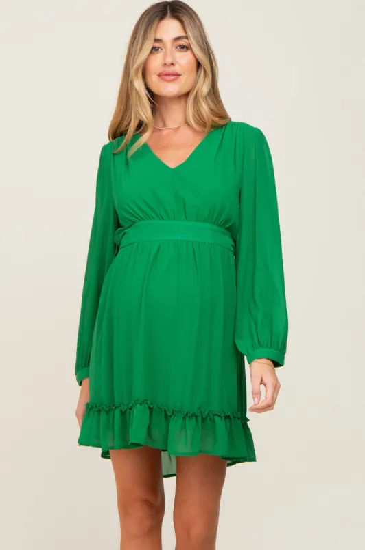 Green Chiffon Ruffle Accent Maternity Mini Dress sold by Pinkblush