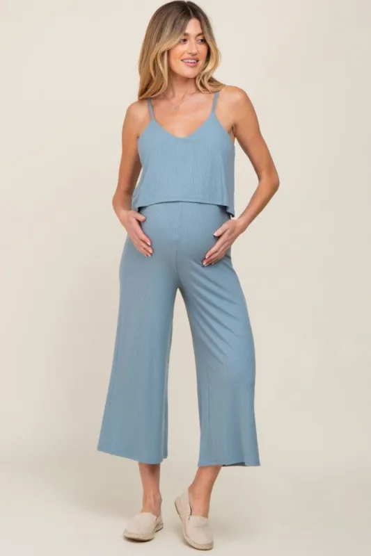 Blue Ribbed Double Layer Cropped Maternity Jumpsuit sold by Pinkblush