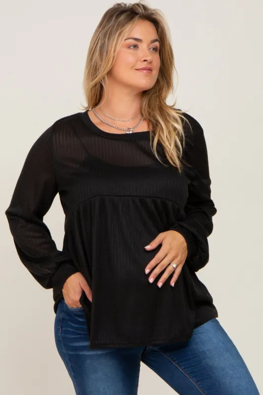 Black Knit Ribbed Babydoll Maternity Plus Top sold by Pinkblush