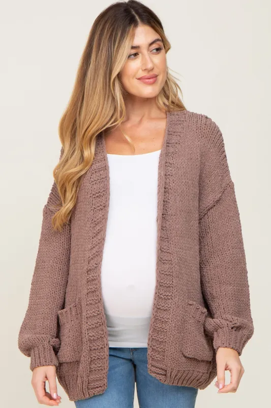 Mocha Oversized Bubble Sleeve Maternity Cardigan sold by Pinkblush