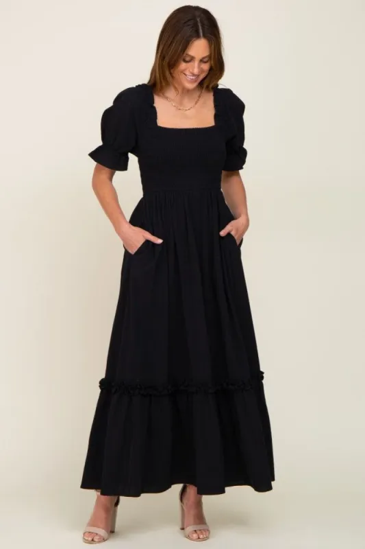 Black Puff Sleeve Ruffle Accent Maxi Dress sold by Pinkblush