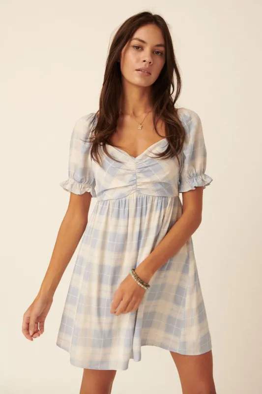 Powder Blue Plaid Sweetheart Ruched Short Sleeve Mini Dress made by Promesa