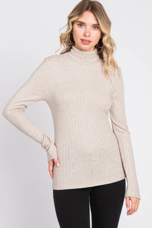 Beige Ribbed Long Sleeve Turtle Neck Top sold by Pinkblush