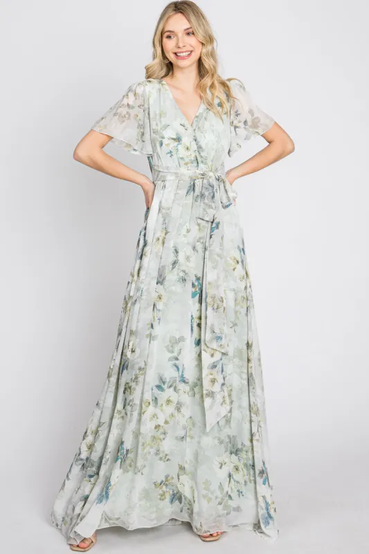 Light Olive Floral Chiffon Wrap Front Short Sleeve Maxi Dress sold by Pinkblush