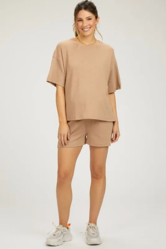 Taupe Ribbed Short Sleeve Maternity Short Set sold by Pinkblush