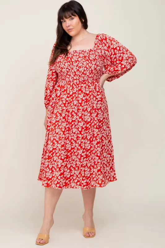 Red Floral Square Neck Smocked Short Sleeve Plus Midi Dress sold by Pinkblush