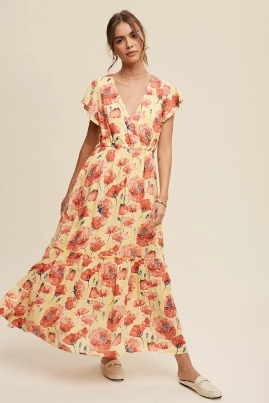 Light Yellow Floral Print V-Neck Maxi Dress sold by Pinkblush