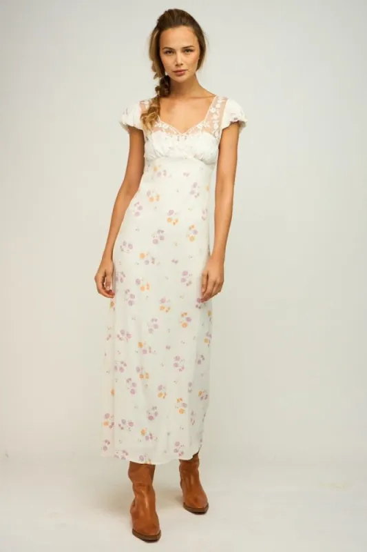 Ivory Floral Open Back Double Ties Lace Trim Maxi Dress sold by Pinkblush