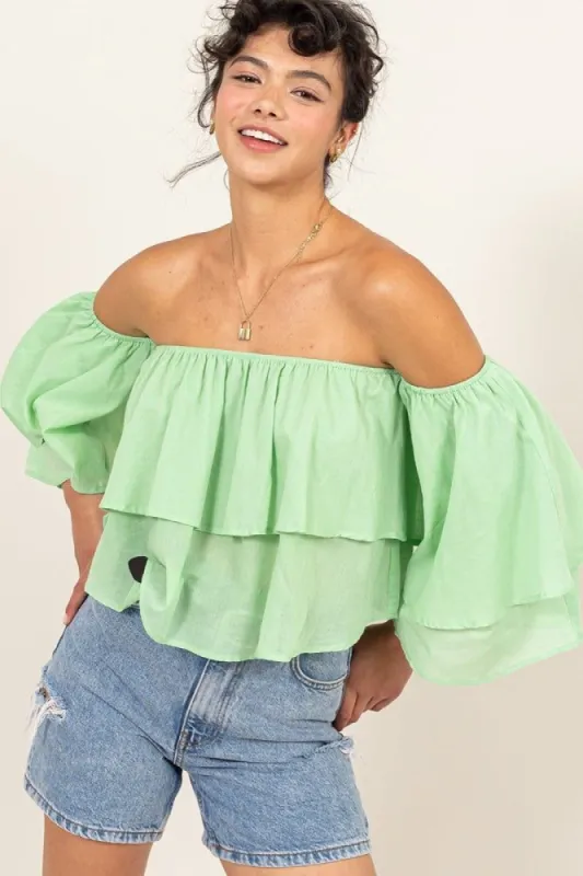 Sage Off Shoulder Layered Crop Top sold by Pinkblush