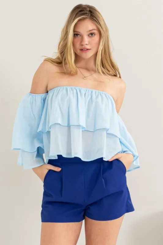 Blue Off Shoulder Layered Crop Top sold by Pinkblush