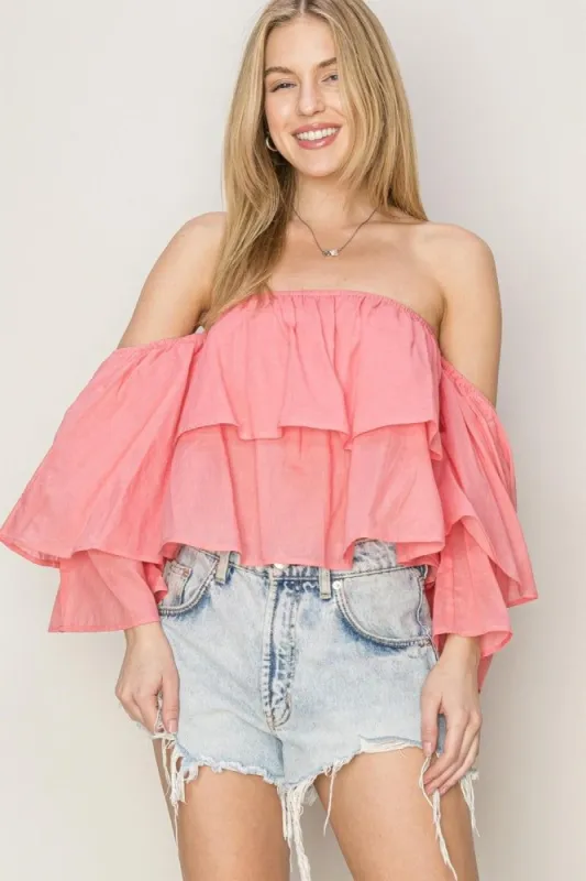 Coral Off Shoulder Layered Crop Top sold by Pinkblush
