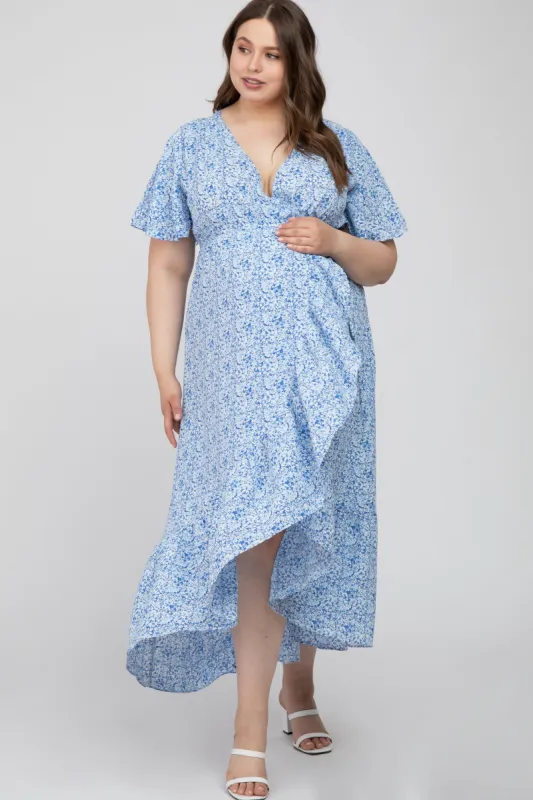 Light Blue Floral Wrap Maternity Plus Midi Dress sold by Pinkblush
