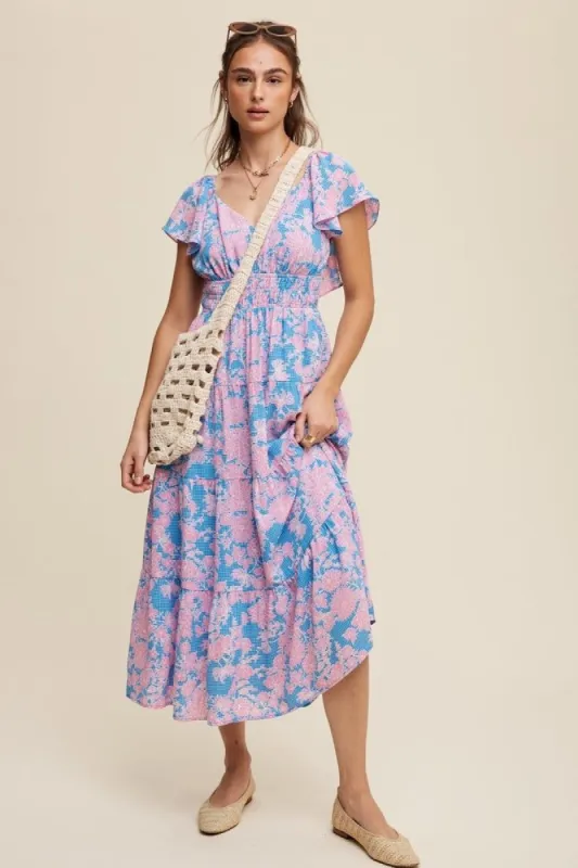 Blue Floral Print V-Neck Ruffle Sleeve Maxi Dress sold by Pinkblush