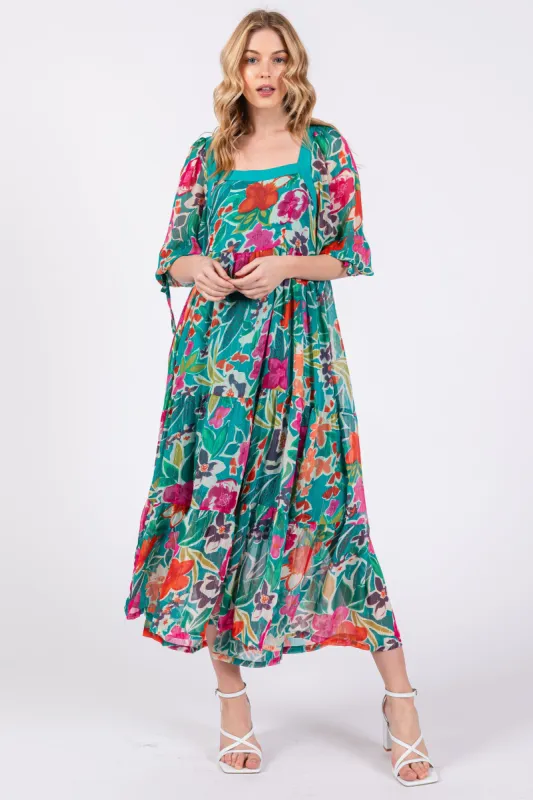 Turquoise Floral Half-Length Sleeve Tie Midi Dress sold by Pinkblush