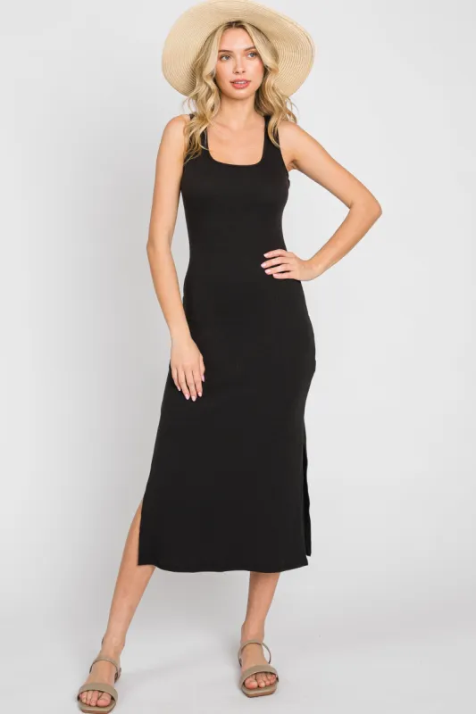 Black Ribbed Side Slit Midi Dress sold by Pinkblush