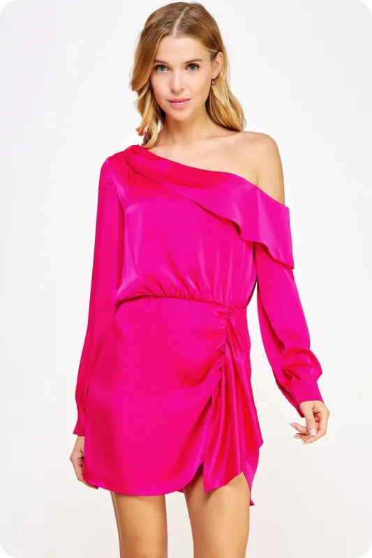 Pink One Shoulder Draped Satin Mini Dress sold by Pinkblush