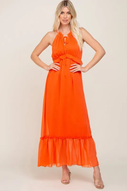 Orange Chiffon Ruffle Accent Halter Maxi Dress sold by Pinkblush