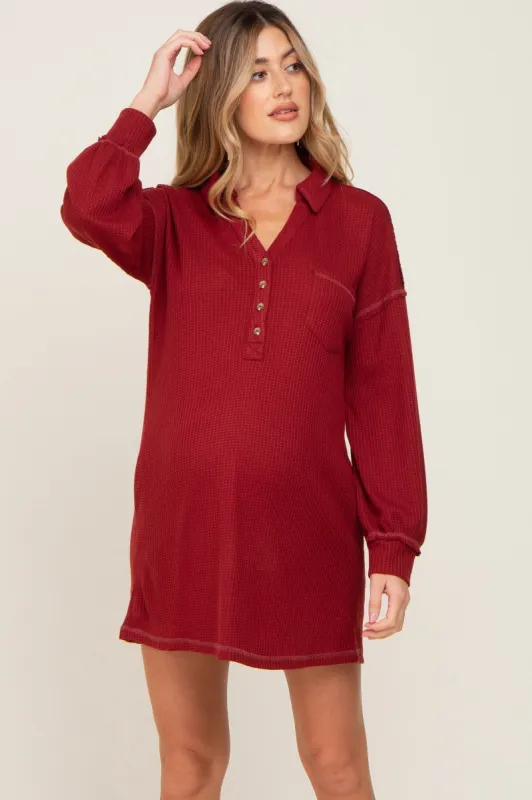 Burgundy Waffle Knit Collared Long Sleeve Maternity Dress sold by Pinkblush