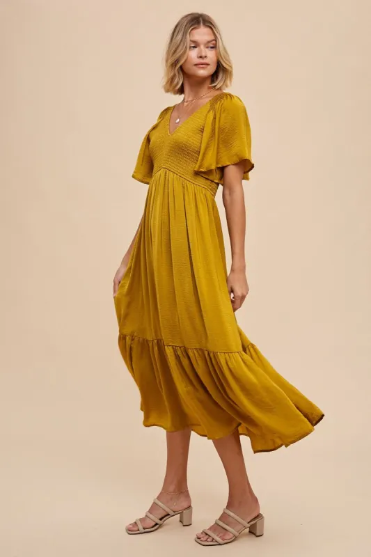 Gold Satin Smocked Midi Dress sold by Pinkblush