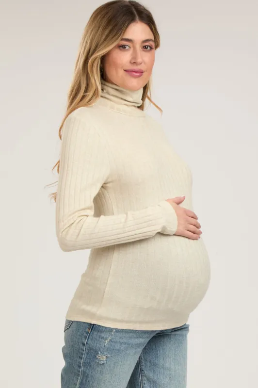 Cream Ribbed Long Sleeve Maternity Turtle Neck Top sold by Pinkblush